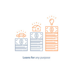 Down payment, mortgage loan, car credit, money for any purpose, budget for purchase, vector line icon