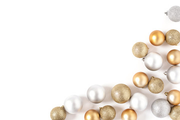 Frame Golden and Silver Balls Top view White Background Christmas New Year
