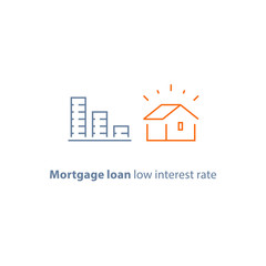 Mortgage down payment, home loan, low interest rate, descending coin stack, line icon