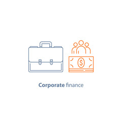 Business loan, company expenses, corporate finance, financial people, share holders, vector line icon