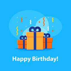 Anniversary celebration, happy birthday congratulations, group of three surprise gift boxes, falling confetti, vector illustration