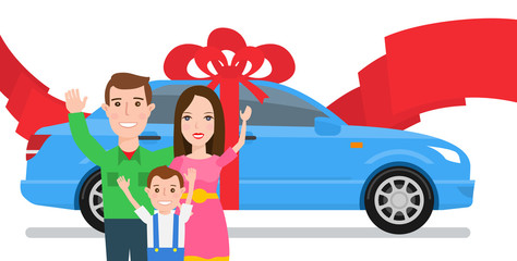 happy family with arms up win a car banner design