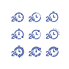 Time clock line icon set, fast delivery, quick service, work 24 hours