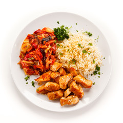 Chicken meat with rice and vegetables