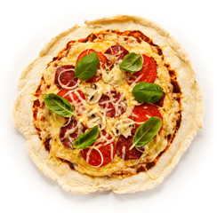 Pizza pepperoni with tomatoes, mushrooms and salami