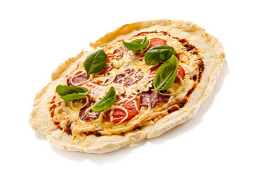 Pizza pepperoni with tomatoes, mushrooms and salami