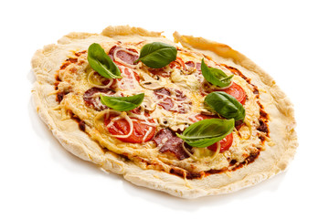 Pizza pepperoni with tomatoes, mushrooms and salami