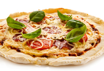 Pizza pepperoni with tomatoes, mushrooms and salami
