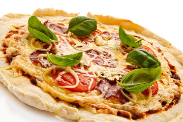 Pizza pepperoni with tomatoes, mushrooms and salami