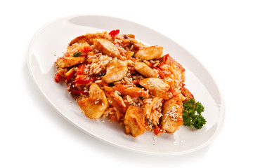 Fototapeta premium Chicken meat with rice on white background