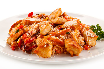 Chicken meat with rice on white background