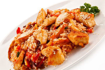Chicken meat with rice on white background