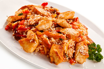 Chicken meat with rice on white background