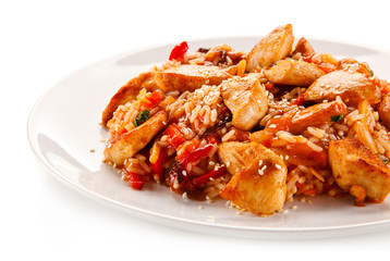 Chicken meat with rice on white background