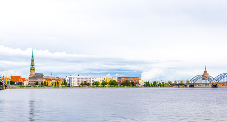 Panorama of riga including saint peters church, the zeppelin hangars and the academy of sciences © dudlajzov