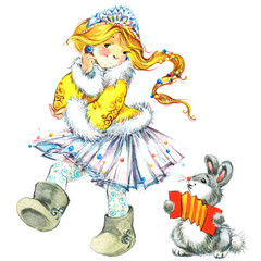 Fototapeta na wymiar hand drawn watercolor illustration of cute baby girl snow princess 
