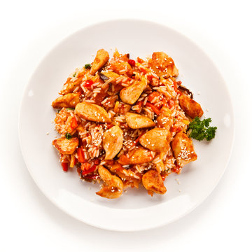 Chicken meat with rice on white background