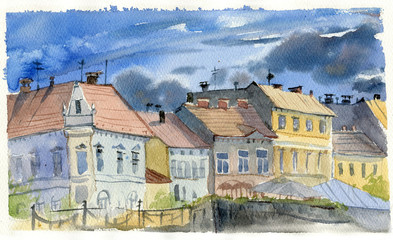 cityscape, houses, watercolor