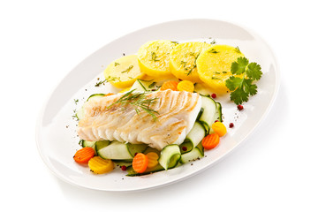 Fried fish with potatoes on white background