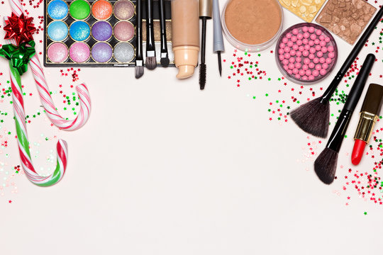 Christmas Makeup Cosmetics With Copy Space
