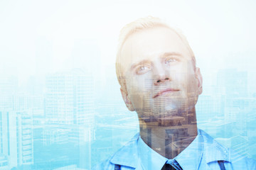 portrait of handsome and smart doctor with action posture and city image double exposure