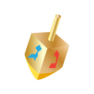 Hanukkah gold dreidel a small four-sided spinning top with a Hebrew letter on each side, used by the Jews. Spinning top, wood dreidel isolated on white background, vector symbol Jewish Holiday logo.