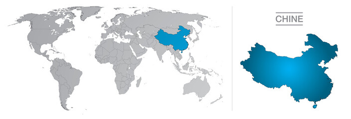 Fototapeta na wymiar Chine dans le monde, avec frontières et tous les pays du monde séparés