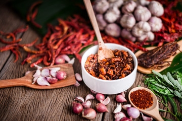 thai tradition style spicy dipping mad frop pork and shirmp with spicy and herb for ingredient on wooden texture table