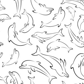 Seamless Pattern, Sea Creatures, Animals Dolphin Outline Pictograms, Black Contours Isolated on Tile White Background. Vector
