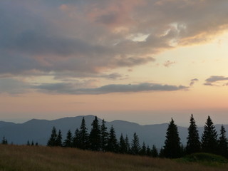 Naklejka na ściany i meble sunset over the mountain forests of the Ukrainian Carpathians.