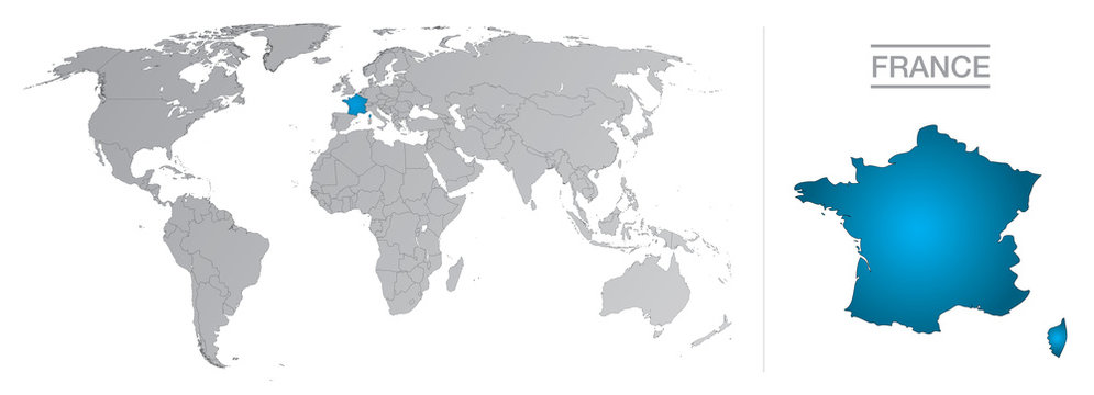 France dans le monde, avec fronti&egrave;res et tous les pays du monde s&eacute;par&eacute;s