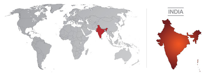Inde dans le monde, avec frontières et tous les pays du monde séparés