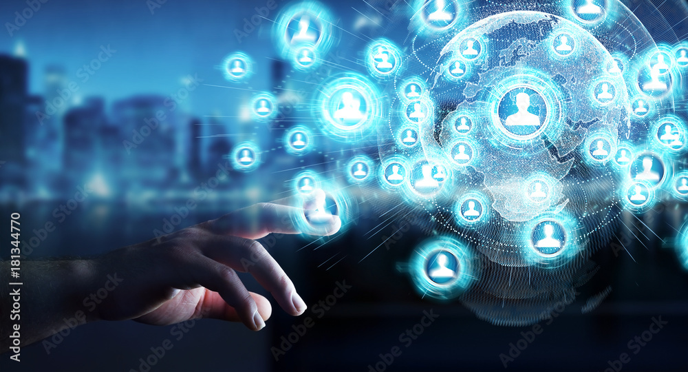 Poster businesswoman using social network interface 3d rendering