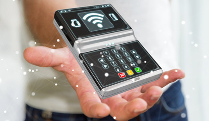 Businessman using contactless terminal payment 3D rendering