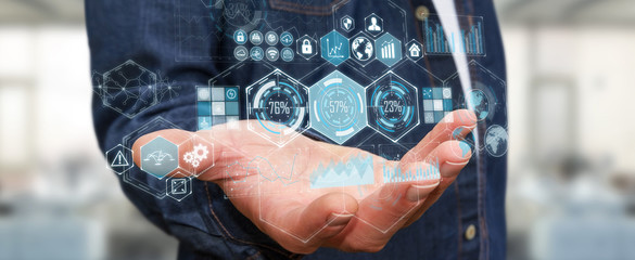 Businessman using holograms datas on digital screens 3D rendering