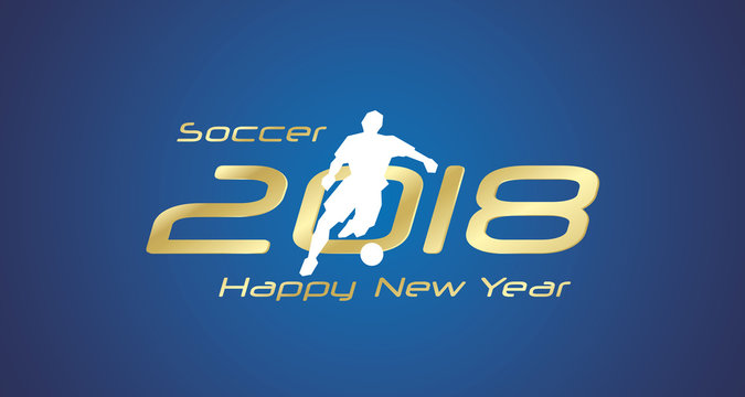 Soccer dribble 2018 Happy New Year gold logo icon blue background