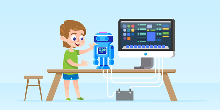 Little boy creating and programming smart robot. Isolated vector illustration. early childhood development concept.