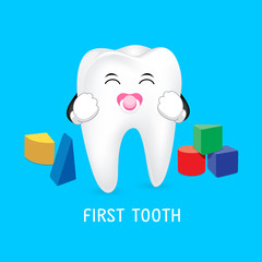 Baby tooth with soother and toy block. First tooth, dental care concept. Illustration isolated on blue background.