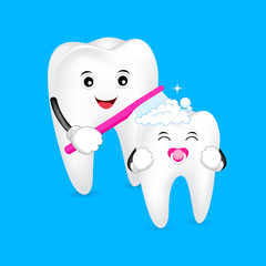 Cute cartoon tooth character. Mom brushing tooth baby. First tooth, Dental care concept. illustration isolated  on blue background.