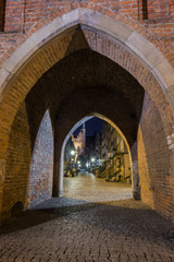 Fototapeta na wymiar Old buildings on the St. Mary's Street (ul. Mariacka) and St. Mary's Church at the Main Town (Old Town) in Gdansk, Poland, viewed through an arched gateway in the evening.