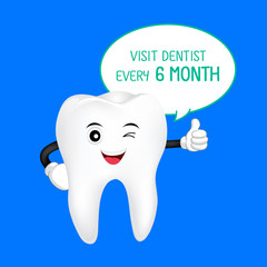 Cute cartoon tooth character smiling with thumb up. Visit dentist every 6 month, dental care concept. Illustration isolated on blue background.