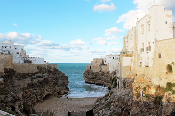 Polignano a mare with the rampart of Santo Stefano on the right, Bari, Italy