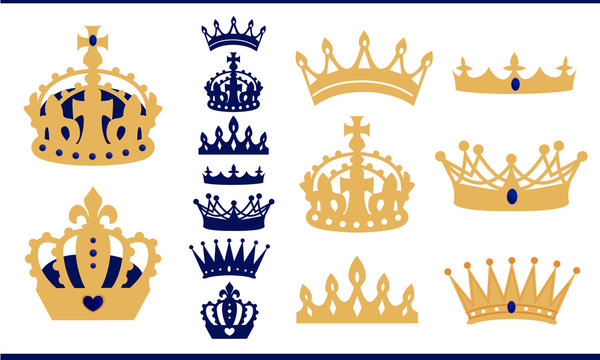 Gold and blue navy crowns set. Prince and king crown collection. Isolated vector vintage silhouette. Can be used for royal party invitation - birthday, baby shower, wedding. Shapes for laser cutting