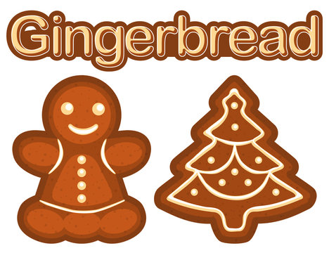 Bright colorful poster with ginger bread cookie woman and christmas tree.