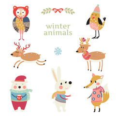 Fototapeta premium Collection of animals in winter clothing