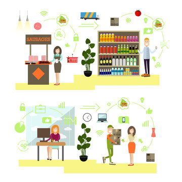 Vector set of people shopping flat symbols, icons