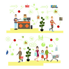 Vector set of people shopping flat symbols, icons