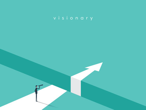 Business visionary vector conept with businessman looking with telescope over gap. Business challenge, future symbol.