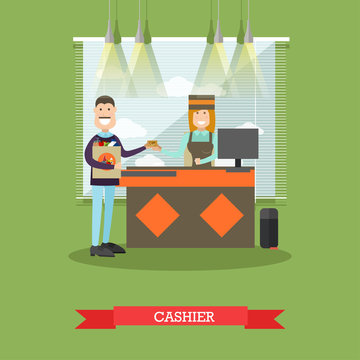Grocery store cashier vector illustration in flat style