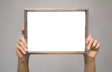 Special offer. Female hands holding empty blank photo frame above a head. Grateful letter....